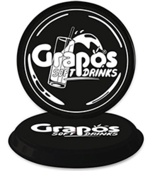 Tablett Motiv Graposlogo, Rückseite Grapos-Schriftzug, Dm 370 mm, Höhe 25 mm